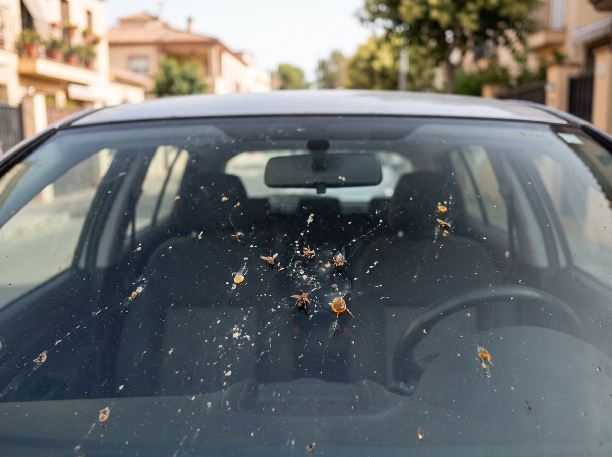 Restos de insectos y resina pegados en el parabrisas