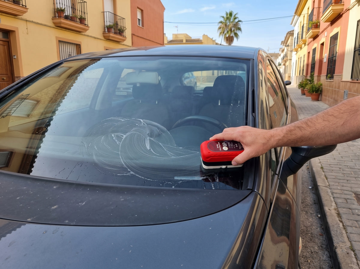 Mano frotando el parabrisas con el limpiador de película de grasa
