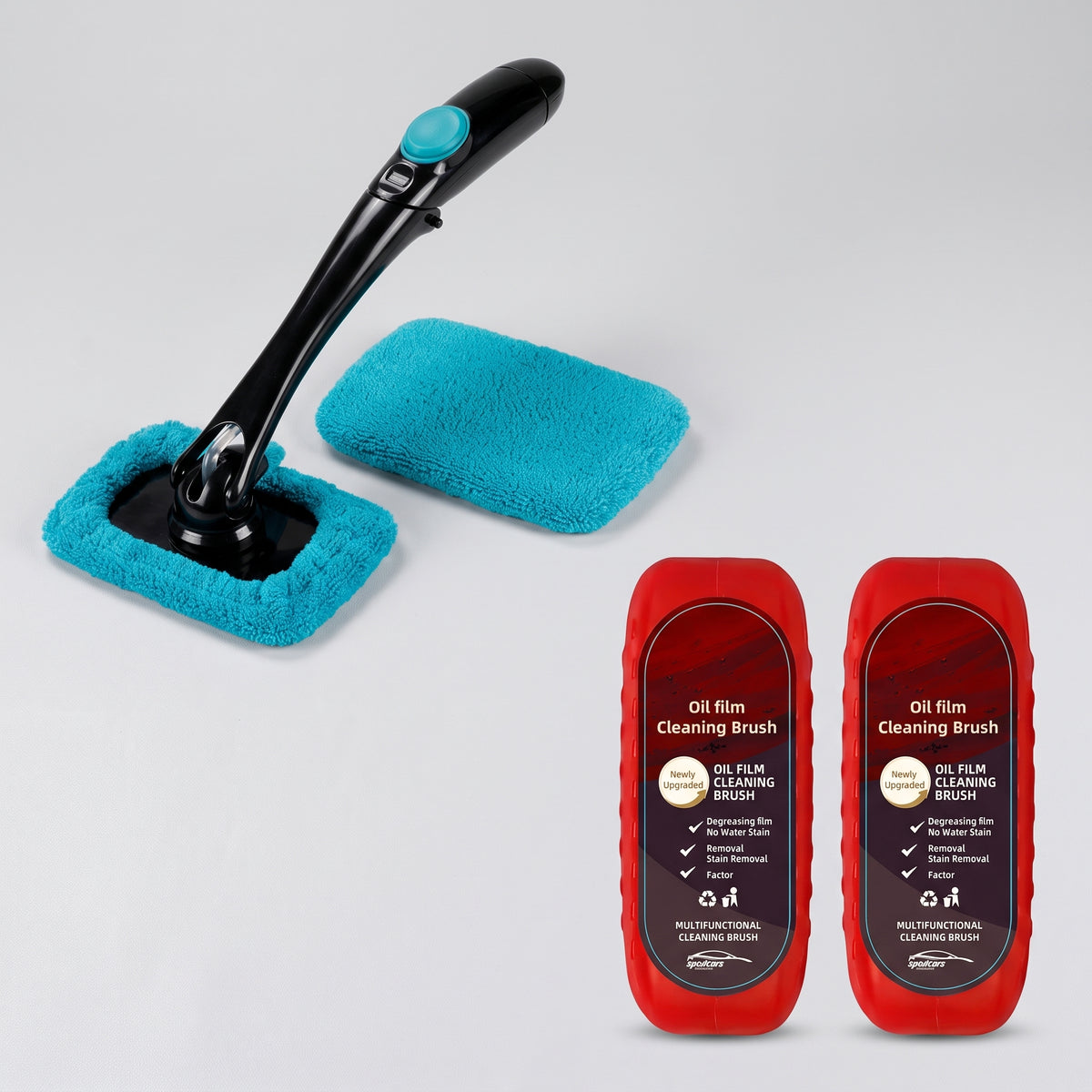 Kit con dos limpiadores de película de grasa y mango extensible con cabezal de microfibra